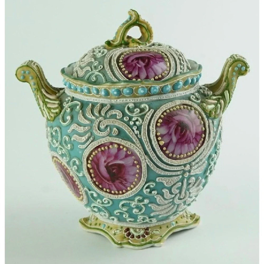 Antique Nippon Moriage Porcelain Lidded Jar and Bowl Set Pink Roses Teal 1890s